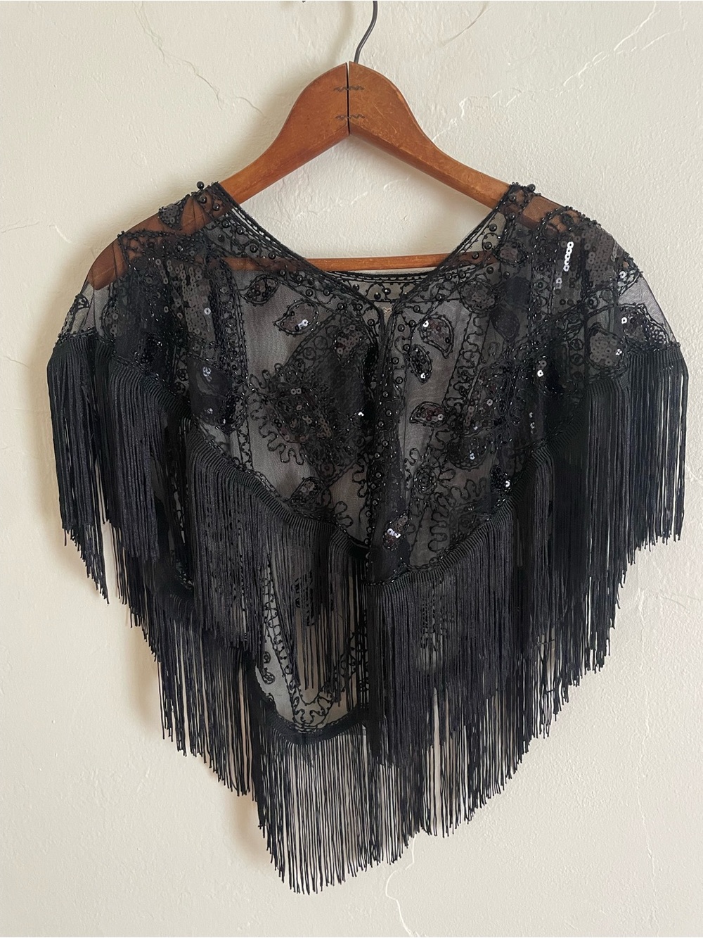 Black Sequin Fringe Poncho